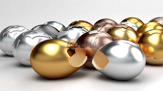 3D 渲染的金银鸡蛋
