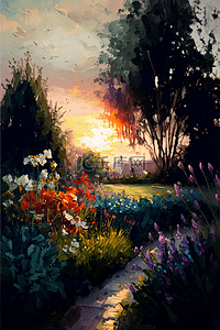 山水装饰画山水背景图片_鲜花草地树天空阳光里的花园花卉油画背景