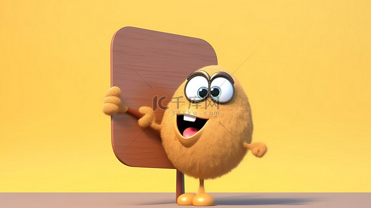 棕色鸡蛋角色吉祥物的 3D 渲染，该吉祥物拿着空白的木制菜单板，在黄色背景上户外展示