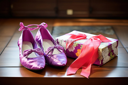 鞋子是粉红色的，放在礼品盒的顶部