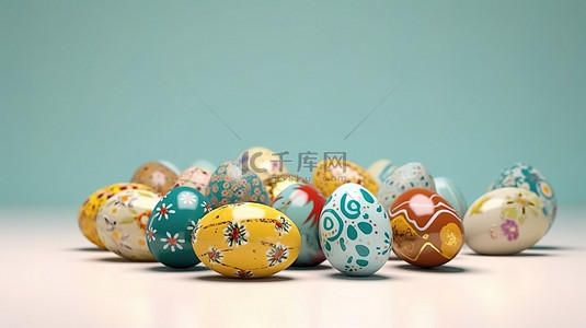 欢乐复活节背景图片_欢乐的复活节 3D 渲染表面，具有逼真且节日装饰的鸡蛋