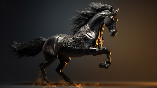 一匹黑马全速驰骋的 3d 插图