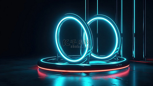 发光的彩色双讲台站在带霓虹灯的 3D 渲染圆形管隧道中