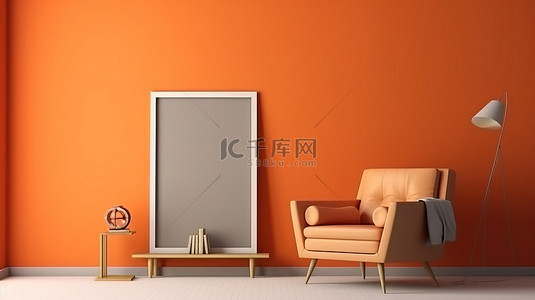 橙色单色矩形相框的 3D 渲染，装饰时尚的内饰和配件