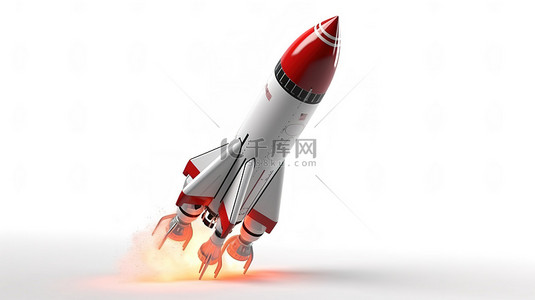 火箭模型在白色背景的 3D 渲染中翱翔天空