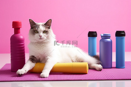 坐着舒适背景图片_一只猫坐在瑜伽垫上，带着健身瓶和哑铃