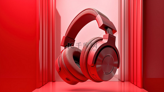 颜色协调工作室 3D 前视图渲染中的红色单色耳机