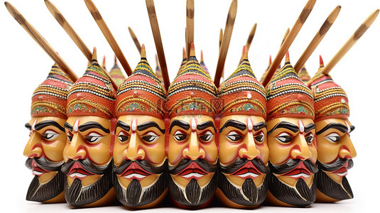 3d Dussehra 庆祝 ravana，有十个头拿着弓箭笔工具，用于创建易于 jpeg 组合的剪切路径