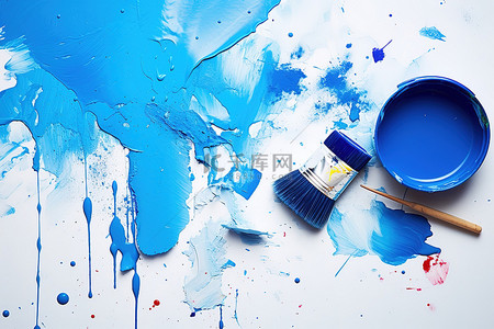 用刷子刷蓝色油漆和蓝色飞溅