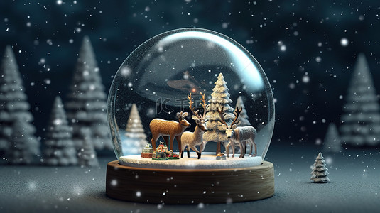寒冷的 3D 场景圣诞树礼物熊和驯鹿装在雪球里