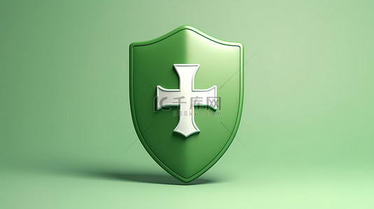 3d 渲染绿色盾牌上白色加号的插图，象征着医疗保护保险和保证概念