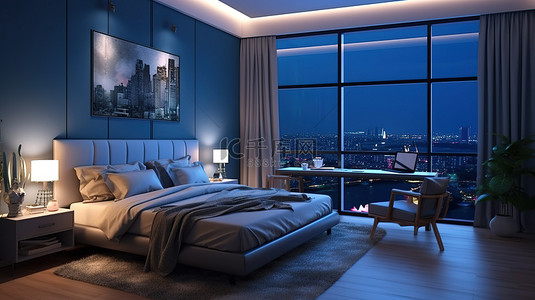 蓝色酒店背景图片_现代卧室设计，以蓝色墙壁为特色，并通过 3D 夜间照明增强效果
