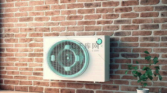 砖墙上便携式空调的 3D 渲染