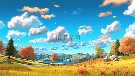 卡通草地和山地景观的 3D 渲染，秋色蓝天和云彩用于横幅和海报