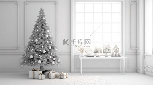 圣诞树和壁炉背景图片_极简主义冬季仙境圣诞树和礼物反对白色空白墙 3D 渲染插图