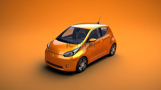 可爱的汽车背景图片_橙色电动掀背车的可爱 3D 插图