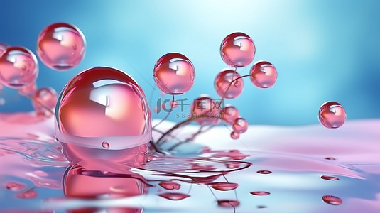 用于水疗和化妆品目的的水背景液体气泡中的皮肤护理分子的 3D 插图
