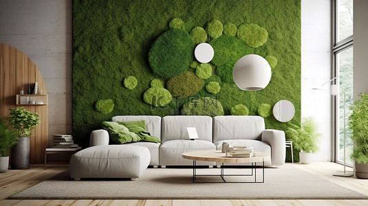 现代生活空间，带有自然气息 房间内斯堪的纳维亚苔藓墙的 3D 渲染