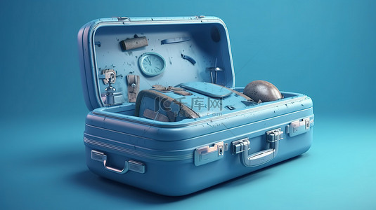 假期旅游海报背景图片_蓝色背景上带有 3D 插图的旅行行李箱或手提箱