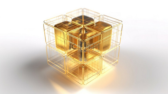 在白色背景上的金线框原子网格立方体的数字时代 3D 渲染中可视化数据