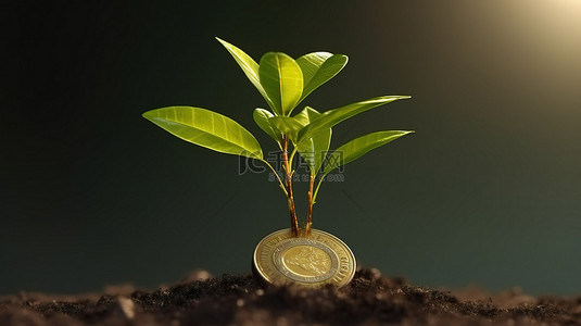 树发芽生长背景图片_美元植物在蓬勃发展的金融增长的 3D 插图中发芽