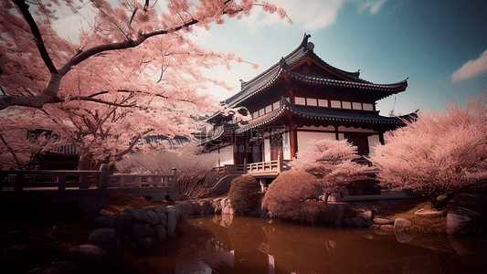 花瓣纷飞背景图片_建筑小河樱花唯美背景