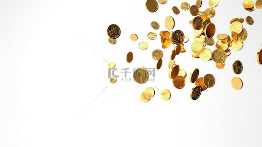掉落的金币背景图片_白色背景上掉落的金币的 3D 渲染，具有充足的复制空间
