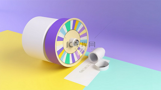 淡紫色背景，黄色和蓝色 3d 轮盘赌和描述赌博刺激的优惠券信封