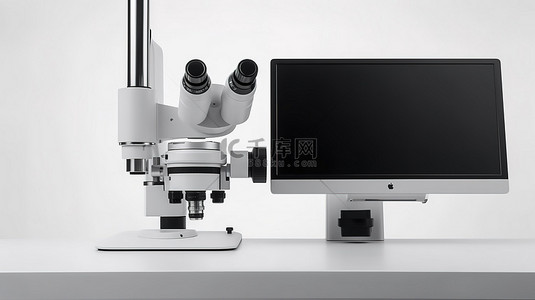 器械器械背景图片_显微镜或光学仪器白色背景 3D 渲染上的空白显示器