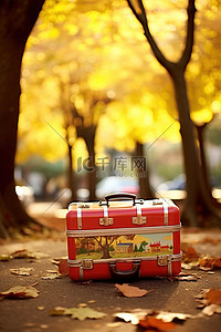 秋天贴纸背景图片_老式手提箱坐在树附近的地上，上面贴着贴纸