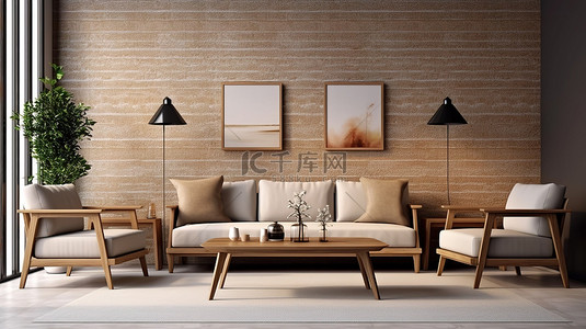 客厅木沙发和中心桌的 3D 插图，砖墙背景