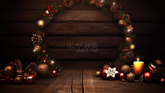 节日圣诞雪花背景图片_一张质朴的木桌，上面装饰着 3D 渲染的节日圣诞框架
