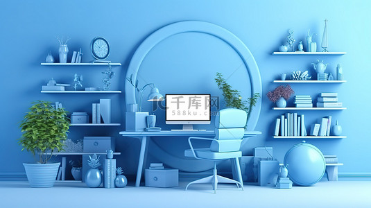 带有数字设备的当代蓝色桌面工作区的时尚 3D 渲染