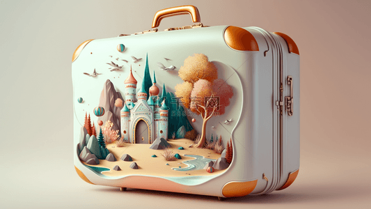 拿行李的女孩背景图片_旅游行李箱童话城堡背景