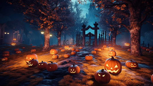 幽灵般的万圣节场景 3D 渲染发光杰克 o 灯笼鬼树和坟墓在闹鬼的墓地完美适合秋季假期