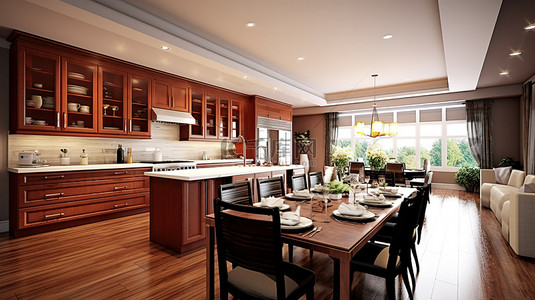 精致的樱桃木橱柜装饰豪华的厨房和餐厅空间 3D 渲染