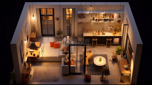 时尚小公寓的夜间照明 3D 渲染，具有创新的空间划分房屋布置和鸟瞰图