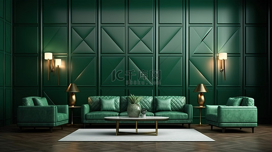现代高端客厅设计，带有醒目的绿色纹理墙 3D 渲染