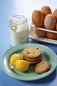 鹰嘴豆饼干鸡蛋和蓝盘上的蛋罐，配柠檬和姜