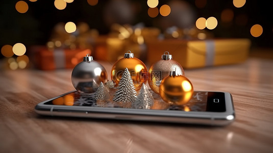 礼敬老人背景图片_节日移动 3D 渲染手机装饰着圣诞树和礼品装饰品