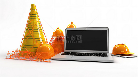 白色背景的 3D 渲染，带有橙色交通锥黄色塔式起重机笔记本电脑和正在施工的胶带
