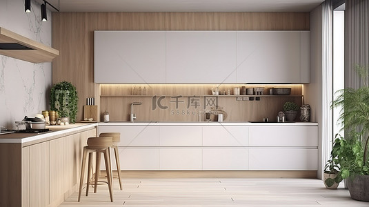 整体家居背景图片_白色整体厨房 3D 渲染中带木柜的现代家居室内插图