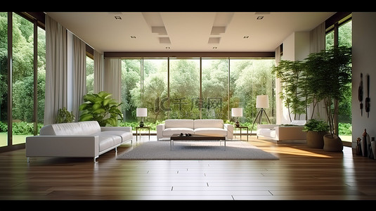 别墅豪宅背景图片_以自然 3D 艺术品为背景的当代豪宅的精致内饰