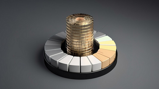 财务目标的可视化 饼图和一堆硬币的 3d 渲染