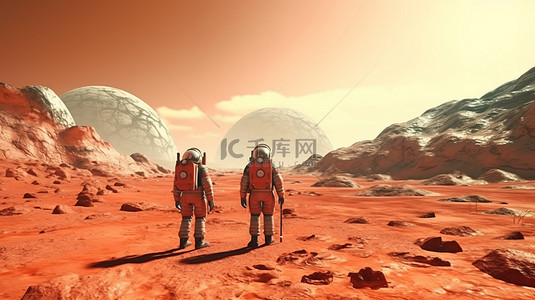 探索火星上的红色星球宇航员在 3D 渲染中测量地形