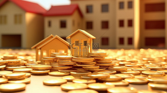 建筑房子背景图片_黄金投资 3D 渲染硬币和象征财产收购的房子