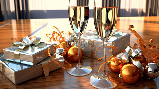 新年快乐金背景图片_3d 创建的庆祝礼物和香槟杯等待新年
