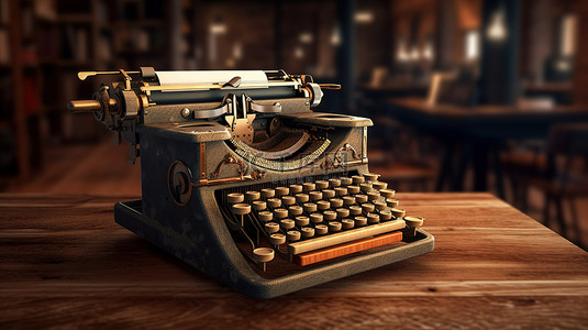旧桌子木桌子背景图片_陈旧的复古打字机搁在 3D 渲染的经典木桌上