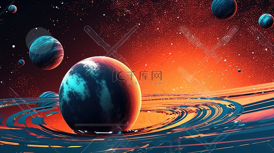 创意空间背景图片_具有外太空行星体的复古线框横幅的 3D 渲染