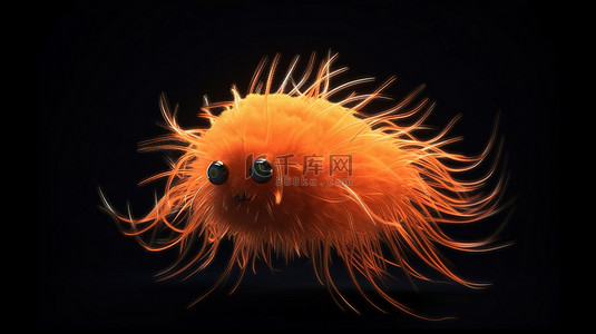 电动橙色怪物特写 3D 插图在黑暗的深渊中游泳